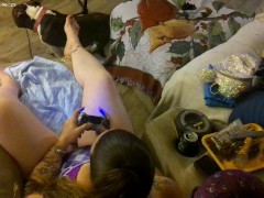 Spy On Cute Long Hair Girl Down Her Blouse Smoking Cigarettes and Playing Video Games
