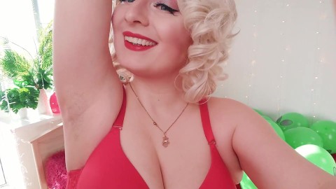 Female Domination Video: Mistress in red lingerie teasing by sweaty armpits (Arya Grander)