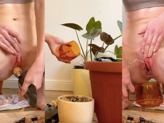 She Puts Garden Spatula in Wet Pussy and Waters her Plants with Squirt [full on Manyvids] - Fetish