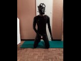 Transgirl with 3 Breathplay masks jerks off in Full Latex Suit