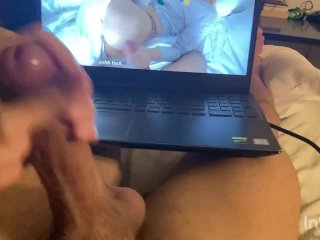 fast handjob, cumshot, muscular men, watching porn