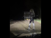 Preview 4 of Sissy Crossdresser at a truck stop at night in latexleggings and heels looking for strangers