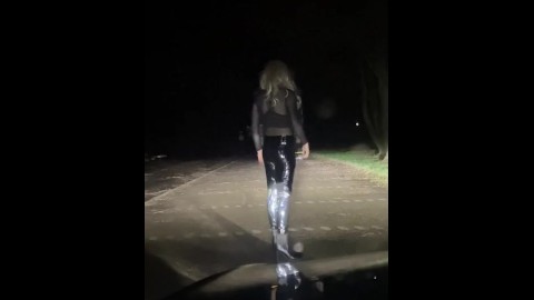 Sissy Crossdresser at a truck stop at night in latexleggings and heels looking for strangers