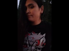 Trans girl plays with tiny tits outdoors