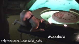 Submissive girl spanked and used poolside