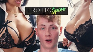 In Creampie Threesome A Ginger Teen Student Is Summoned To The Office And Fucked By His Latina Teachers