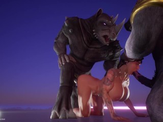 Muscle Bimbo Gets Spitroasted by two Giant Horsecocks Doubleanal Wildlife Pt5