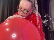 Preview 4 of Looner girl in glasses and red PVC dress blow BIG red balloon and pop it with ass. DM to get full