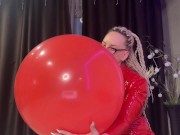 Preview 5 of Looner girl in glasses and red PVC dress blow BIG red balloon and pop it with ass. DM to get full