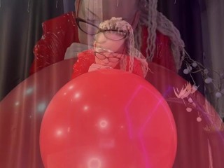 Looner girl in glasses and red PVC dress blow BIG red balloon and pop it with ass. DM to get full