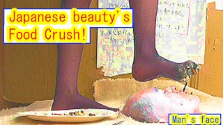 The man eats food stuck to the sole of Japanese beauty's black stocking!