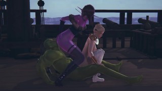 Orco trajo a una elfa oscura y clara al orgasmo
