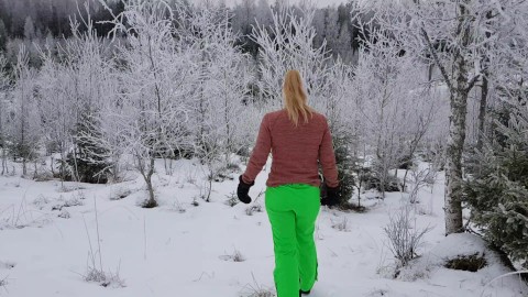 Popping out to pee in the snow when filming porn at the hunting lodge