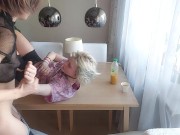 Preview 6 of White haired petite girl tying blowjob on the table first time (kinda fail)
