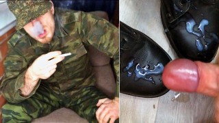 Man Moans Dirty Talk Smoking Soldier FUCKS Young Gay And Cums On His BOOTS