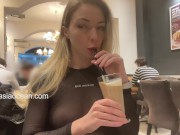 Preview 3 of Public - naked boobs in a cafe. A liberated hot girl in a public cafe in a transparent sweater witho
