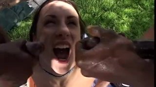 White whore gets her pussy banged from the back while sucking black cock