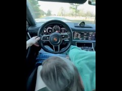 Blonde Milf drains my cock in a Porsche