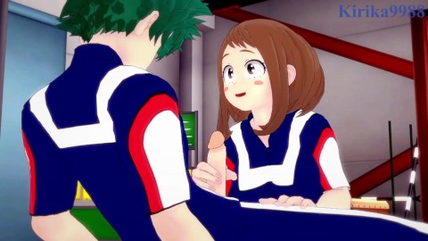 Ochako Uraraka speelt hard met Izuku Midoriya's penis in een winkelcentrum - My Hero Academia Hentai