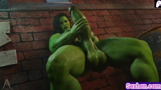 (4K) Ella Hulk masaje Futa y masturbarse su gran pene verde para correrse | 3D Hentai Animations | P130