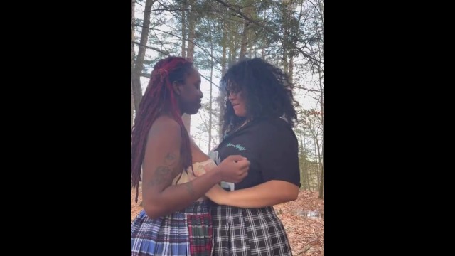 Ebony and Latina lesbian couple makeout after school