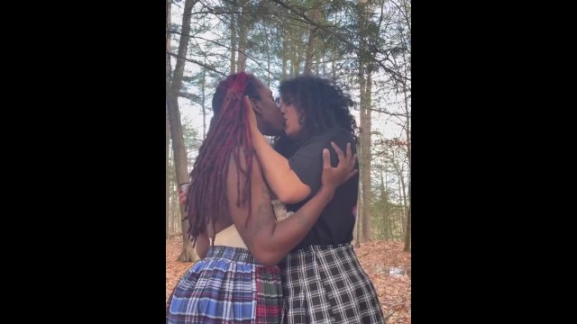 Ebony and Latina lesbian couple makeout after school
