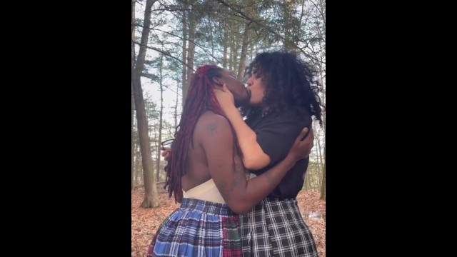 Ebony and Latina lesbian couple makeout after school