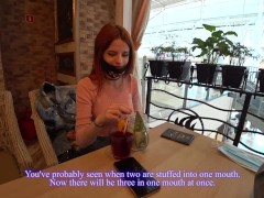 Two girls have fun with remote control vibrators in public places