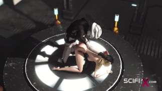 Il mostro cyborg del sesso gioca con una giovane bomba arrapata nel dungeon di fantascienza