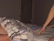 Preview 1 of I stay at my friend's house and wake up her boyfriend with a blowjob while she works