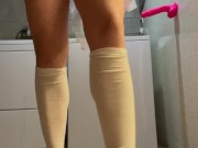 Preview 6 of Cute girl in pink dress and knee socks using a vibrator on her pussy and riding dildo