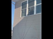 Preview 1 of Public Masturbation: sexy horny MILF gets caught by neighbors masturbating in window with big dildo.