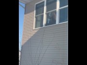 Preview 2 of Public Masturbation: sexy horny MILF gets caught by neighbors masturbating in window with big dildo.
