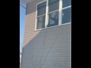Preview 4 of Public Masturbation: sexy horny MILF gets caught by neighbors masturbating in window with big dildo.