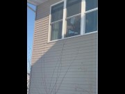 Preview 5 of Public Masturbation: sexy horny MILF gets caught by neighbors masturbating in window with big dildo.