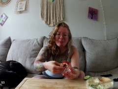 Redhead eats breakfast w/an audience