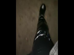 Sissy public at truck stop in latex leggings and heels