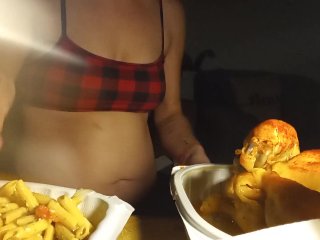 interracial, eating, thick thighs, fat belly