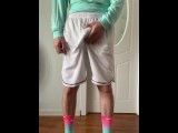 Wearing a sky blue basketball uniform and masturbating