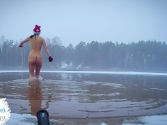 POV: Beautiful Nude Girl Public Winter Swimming In Frozen Lake