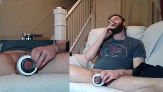 smoking and oozing cum with vibrating sleeve
