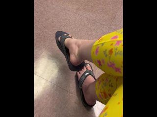 solo female, public shoe play, verified amateurs, dangling flip flops