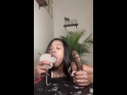 Preview 1 of Ebony chokes herself with two dildos (sloppy wet)