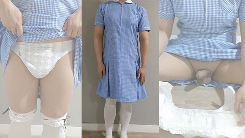 Crossdresser Wearing a Blue Gingham Dress and Jerking off on a pull-up Diaper 男の娘 洋服 偽娘
