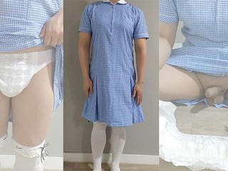 Crossdresser Wearing a Blue Gingham Dress and Jerking off on a Pull-up Diaper 男の娘 洋服 偽娘