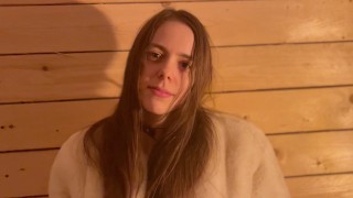 Girl in fur coat chained to wall and toyed to orgasm by magic wand