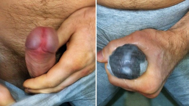 CUM IN LEGGINGS! I masturbate my dick and sperm seeps through gray leggings! Close-up