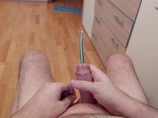 Urethral Beads String Insertion All theWay. Cumshot Through Hollow Urethral Plug withGlans Ring