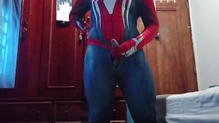 スパイダーマンのスーツを着て手コキ