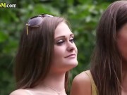 Preview 6 of CFNM group public BJ and HJ by femdom babes outdoor
